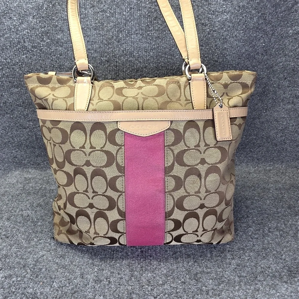 Coach Signature Stripe Tote Khaki Pink Jacquard Canvas Shoulder Bag F28504